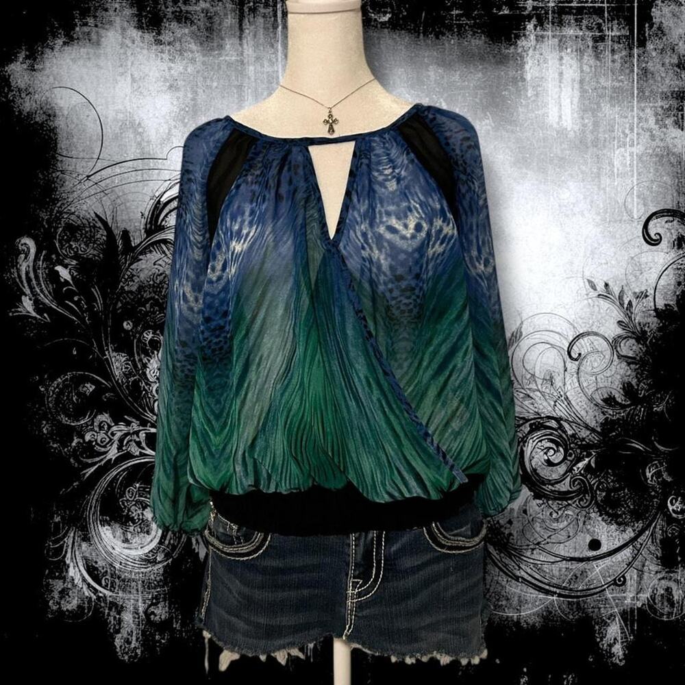 abstract animal-inspired wrap-front blue-to-green ombré top